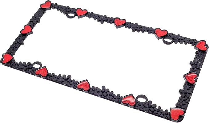 Creathome 3D Daisy Heart License Plate Frame from Pure Zinc Alloy Metal Perfect Plate Holder, Matt Black Daisy with Red Reflective Heart