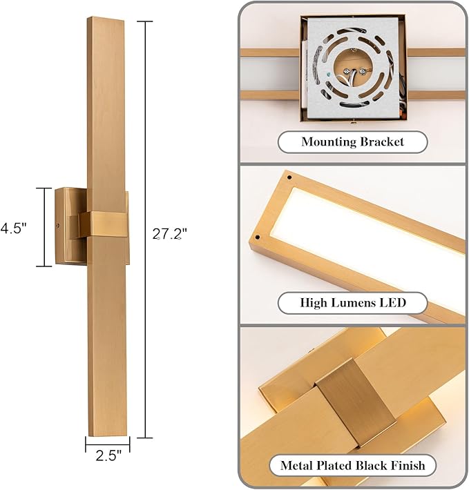 Modern LED Outdoor Wall Sconce 27.2" Gold Outdoor Wall Lights Exterior, Outdoor Light Fixtures Wall Mount on House, Garage, Porch, Patio, Front Door etc