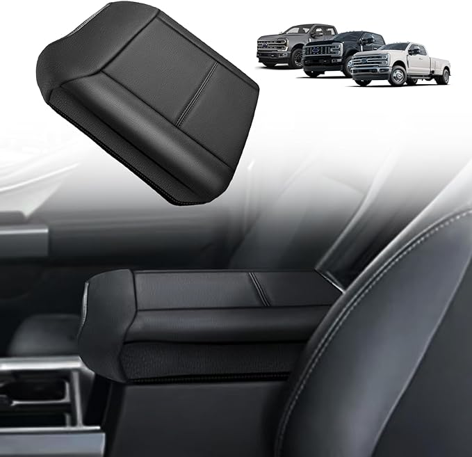 Muslogy Center Console Armrest Cover Compatible with Ford F250 F350 F450 2023 2024 2025 Super Duty Comfort Armrest Pad Arm Rest Cushion Vegan Leather Protector 1-Inch Extra Thick(Bucket Seat ONLY)