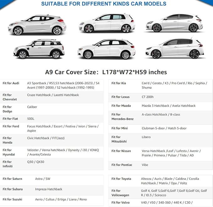 KouKou Hatchback Car Cover Waterproof All Weather Outdoor for Automobile Protection, Fit VW Golf GTI, Toyota Matrix, Audi A3,Ford Focus, Honda Fit, etc. (Length up to 178 inches)