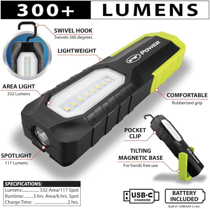 Performance Tool W2685 300+ Lumens 2-in-1 Li-Ion Work Light - Area Light and Spotlight in One, Rechargeable