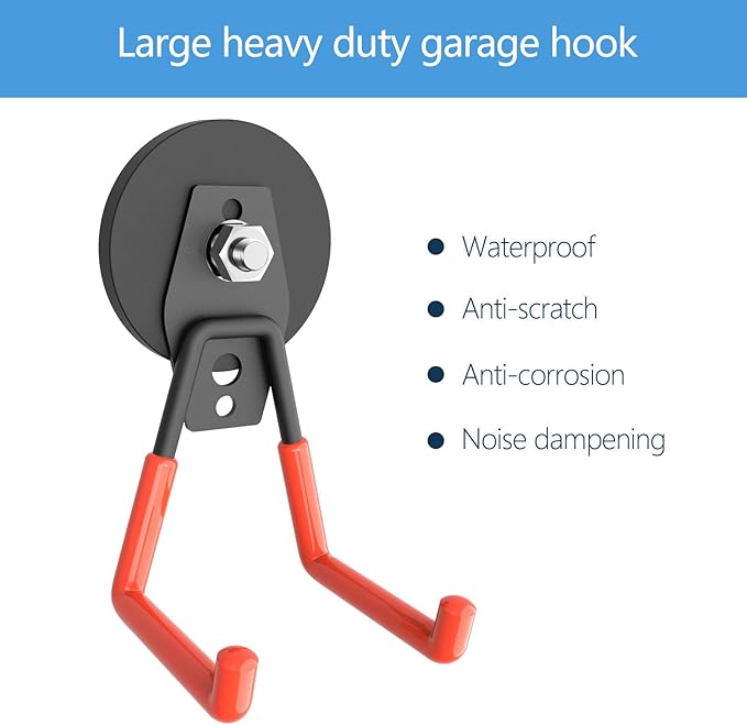 Garage Magnet Hooks, Heavy Duty Magnetic Hooks Tool Hangers for Garage Workshop Magnetic Metal Wall Hook Hangers with Anti-Slip Coating for Ladders, Garden Tools, Bulky Items (4 Pack)