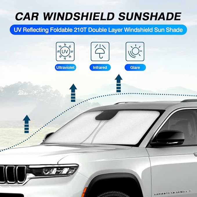 KUST Windshield Sun Shade for 2021-2024 2025 Jeep Grand Cherokee/Grand Cherokee L Accessories SUV Window Sunshade Sun Visor Protector Foldable Blocks UV Rays Keep Your Car Cooler