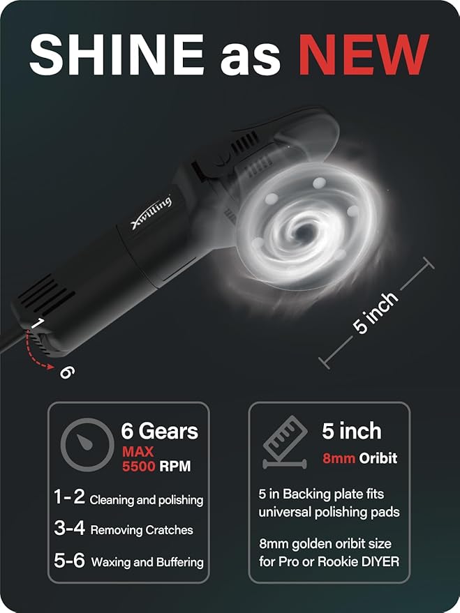 Buffer Polisher, 5-Inch 8MM Dual Action Random Orbital Car Polisher with 6 Variable Speed 1800-5500 RPM, Car Detailing Kit for Car Detailing Polishing and Waxing