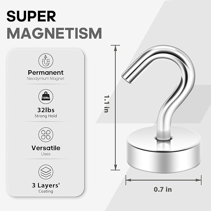 Neosmuk Magnetic Hooks, Cruise Ship Essentials, 30lb+ Heavy Duty Magnetic Hooks for Cruise Cabins, Refrigerator, Grill, Hanging, and Travel | Extra Strong Must-Haves Magnet Hook,Silver,Pack of 10