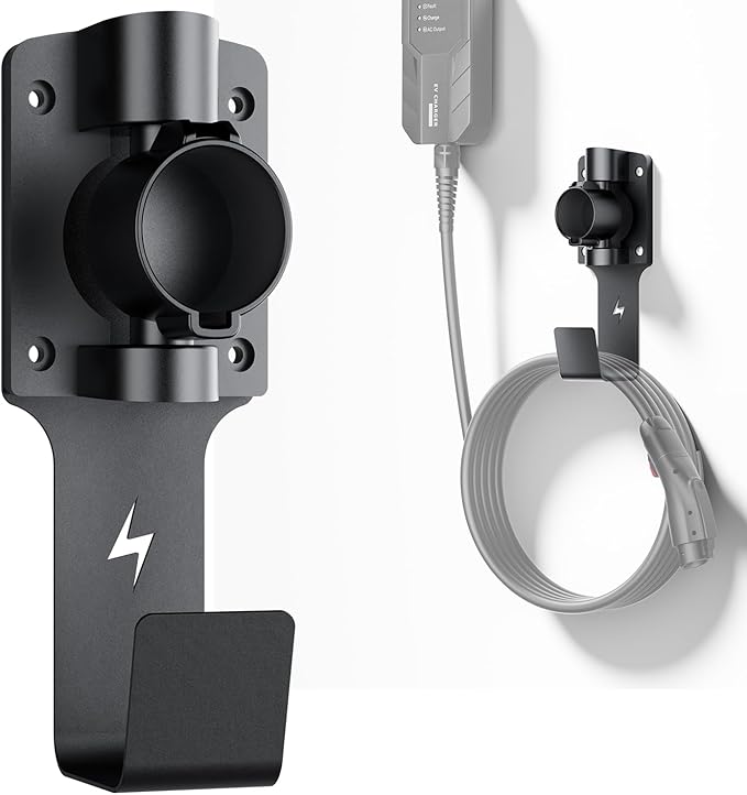 EV Charger Holder, with 180° Rotation Nozzle Dock, Metal J-Hook for SAE J1772 Charger Holder Organizer Wall-Mount Connector Electric Vehicle Charging Cable Car Accessories