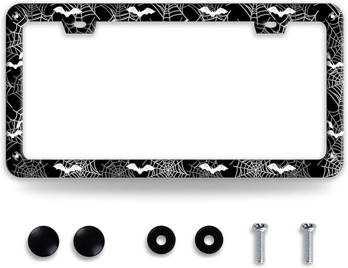Bat Spider Web License Plate Frame Funny Gothic License Plate Frames Stainless Steel Accessories Cars Decor with 2 Holes and Screws Fits Standard Us Ca Vehicles License Plate Holder 12.2 X 6 Inch