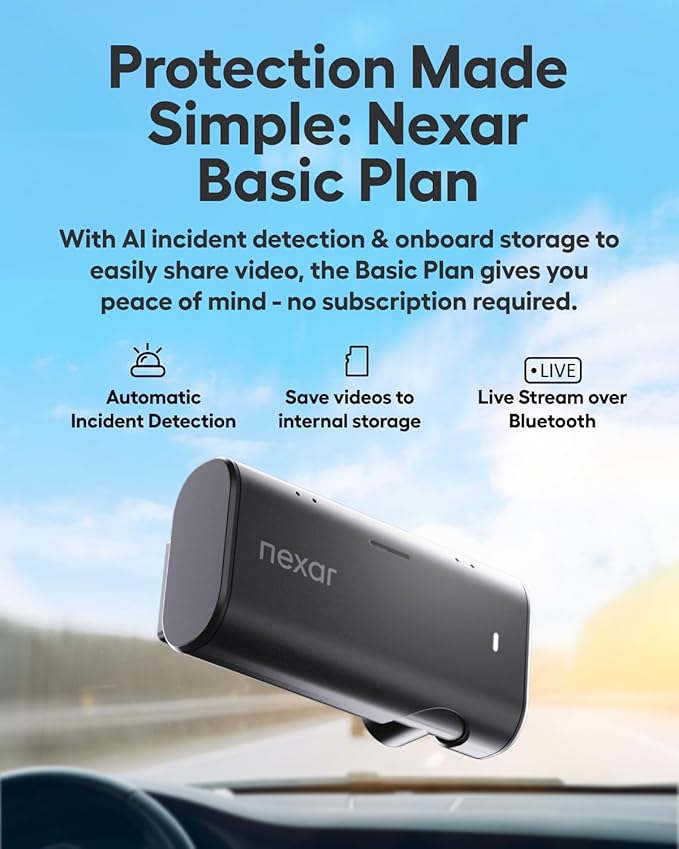 Nexar Beam2 Mini Dash Cam Car Camera 64GB Storage 24H Parking Mode Wide Angle FHD Lens Wireless Dash Camera for Cars Includes $25 OBD Hardwire Kit for Continuous Power