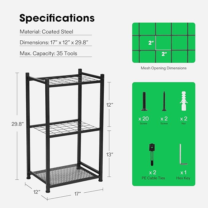VIVOSUN Garden Tool Organizer, Heavy Duty Steel Tool Rack Tool Stand, Up to 35 Long-Handled Tools, Yard Tool Storage for Garage Shed Home and Outdoor, Medium, Anti-tipping Design