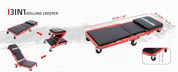 Mechanic Creeper 36 inches 3-in-1 Mode Z Seat 340lbs Capacity, Foldable Garage Adjustable Rolling Folding with 6pcs Wheels Roller, Lay Down Sit Lean Back, Under Car Auto Repair, Red Black