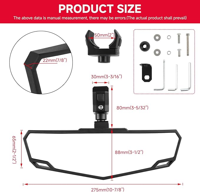 DREAMIZER UTV Rear View Mirror, 360°Adjustable Angle for 1.5" to 2.0 inch Round Roll Cage,Aluminum Clamp Convex Center Mirror Compatible with Polaris RZR General KRX Mule Can Am
