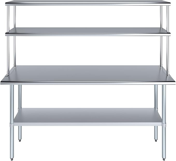 Amgood Stainless Steel Work Table Double Tier Overshelf | Metal Kitchen Prep Table & Shelving Combo (18" x 72" Work Table + 12" Overshelf)