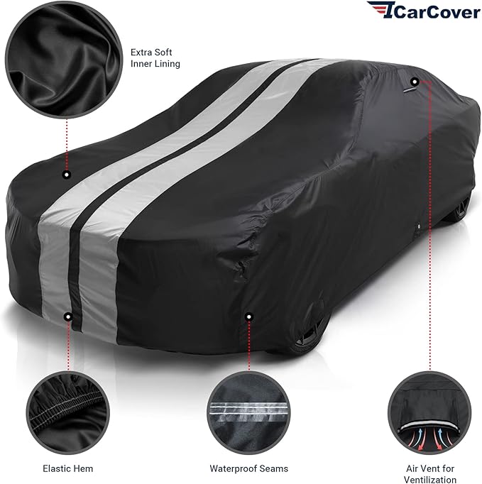 iCarCover Custom Car Cover Compatible with Camaro 1967-1969, Waterproof All Weather Rain Snow UV Sun Protector Full Exterior Indoor Outdoor Car Covers, Stripe (Black/Gray)
