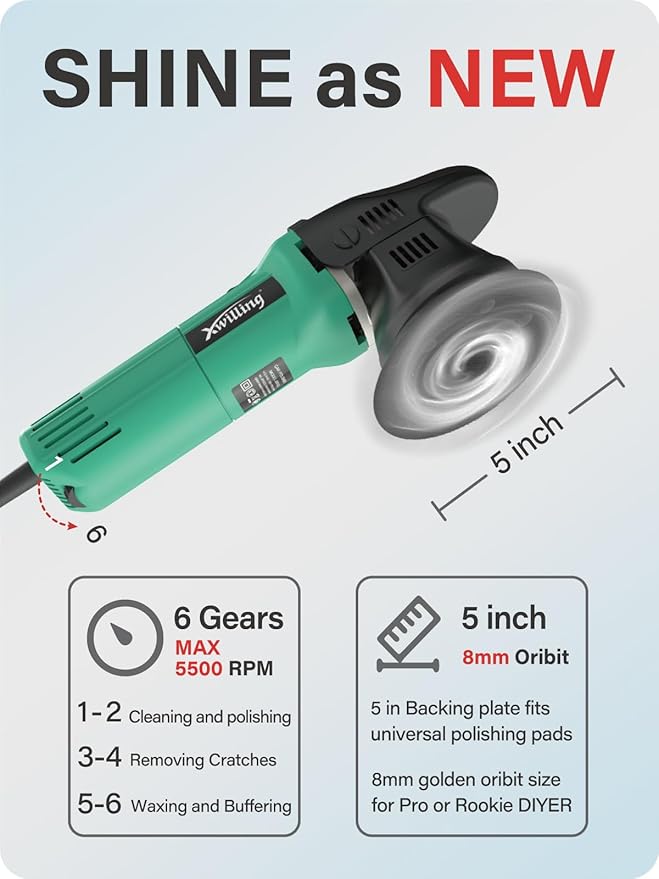 Buffer Polisher, 5-Inch 8MM Dual Action Random Orbital Car Polisher with 6 Variable Speed MAX5500 RPM, Car Detailing Kit for Car Detailing Polishing and Waxing