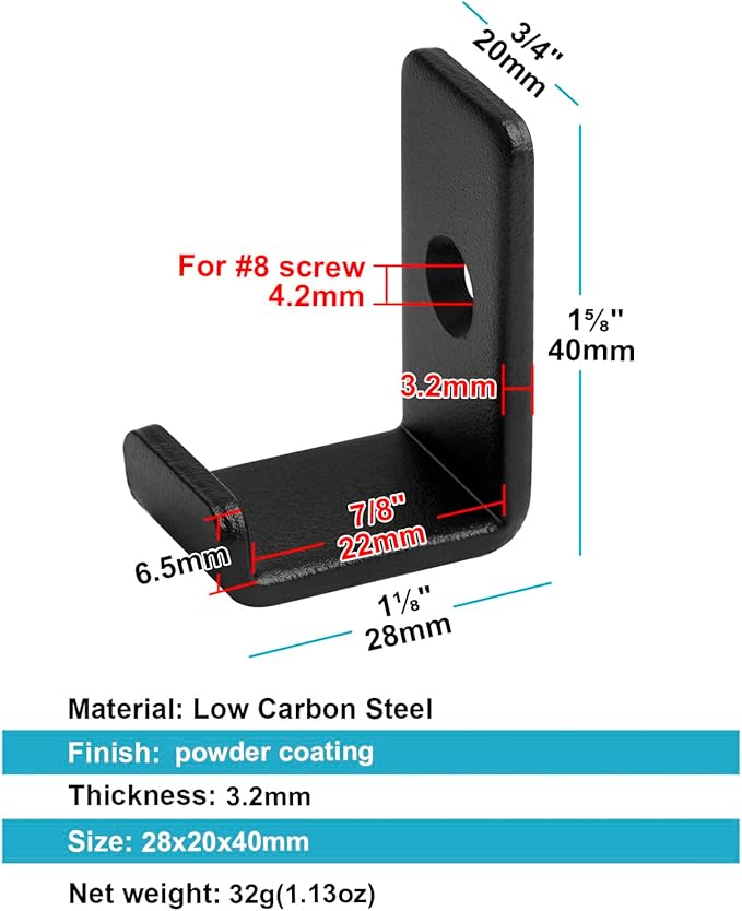 10 Pack 1-5/8" Mini Black Steel Utility J Hook, Wall Mount Garage Storage Hanging Hook, 7/8" Inner Width