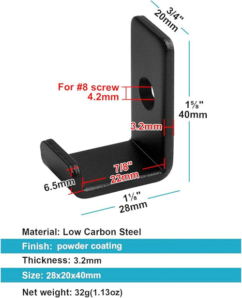 10 Pack 1-5/8" Mini Black Steel Utility J Hook, Wall Mount Garage Storage Hanging Hook, 7/8" Inner Width