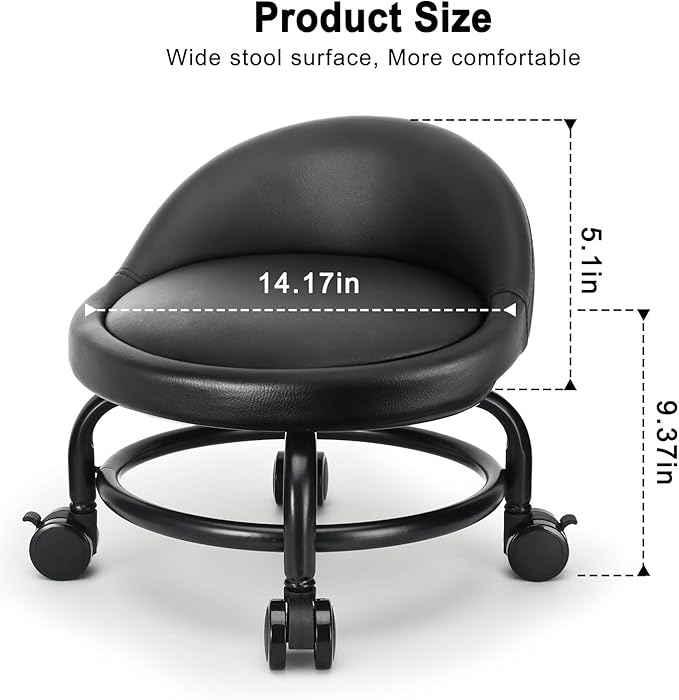 Rolling Stool with Backrest Low Height Rolling Stools, Low Roller Stool Chair, Roller Seats for Home, Office, Garage, Shop, Library