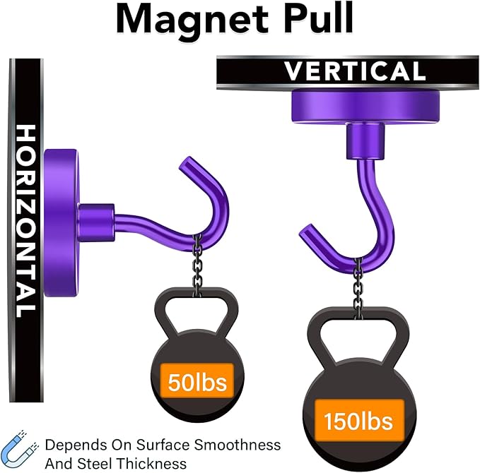 MIKEDE Magnetic Hooks,150LB Heavy Duty Magnets with Hook for Fridge, Strong Magnets Neodymium Industrial Hooks for Hanging, Magnetic Hanger for Toolbox, Cruise(Purple, 10 Pack)
