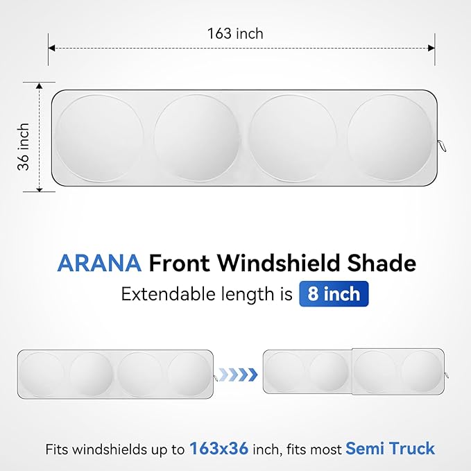 ARANA Semi Truck Sun Shade for Windshield丨240T Thicken Sunshade for Semi-Truck Front and Side Window丨Foldable Windscreen Sun Visor Fit Semi, Commercial, Big Rig Trucks, RV丨163 x36