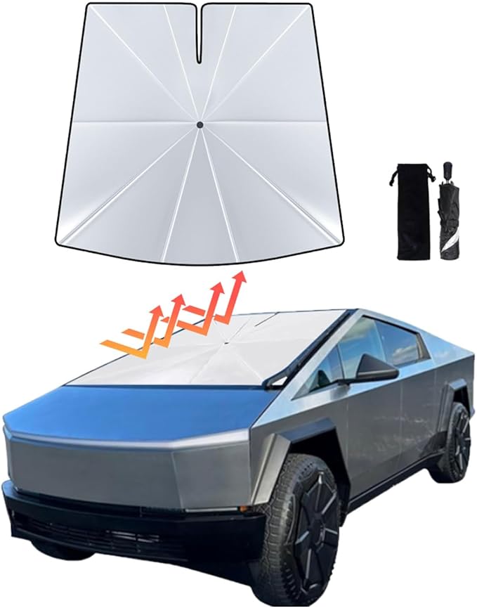 helloleiboo [2025 Upgrade] Car Windshield Sun Shade for Tesla Cybertruck-Foldable Windshield Sun Shade 64 * 58-Reflects UV Automotive Interior Sun Protection Easy to Use/Store