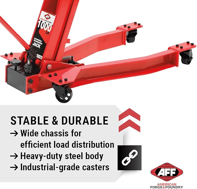 AFF Low Profile Manual Hydraulic Transmission Jack - Heavy Duty Steel Body, Adjustable Saddle with Safety Chain & 360 Handle - For Transmissions, Transfer Cases & Differentials (Multiple Capacities)