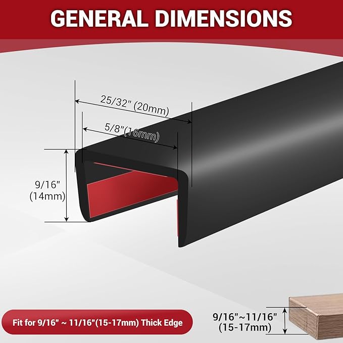Rubber Edge Trim, 5/8" Self Adhesive Flexible U Channel Edge Protecter for Plywood, Tables, Desks, Cabinets, Counter Top, Wide U Shaped Edge Trim, Edge Banding, Black Color, 20Ft