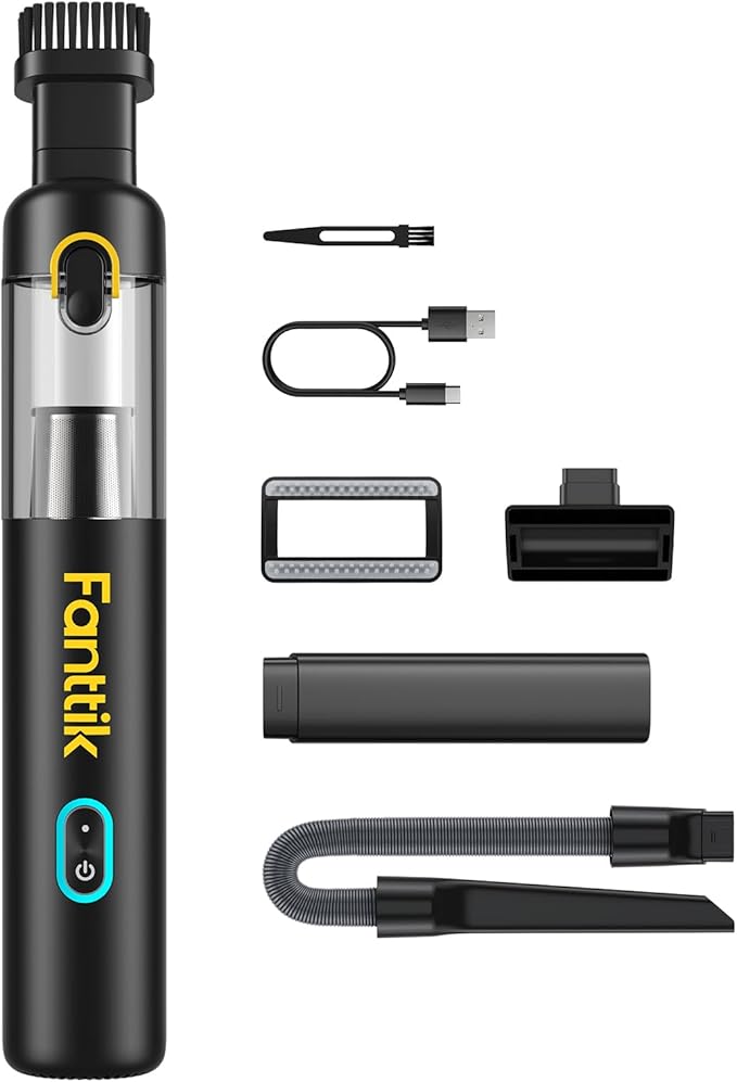 Fanttik Slim V8 Mate Cordless Car Vacuum Suction Power 12000Pa, Portable Mini Vacuum with Flexible Hose and Pet Brush, Type-C Charge, Portable for Car, Office Desk, Keyboards, Black