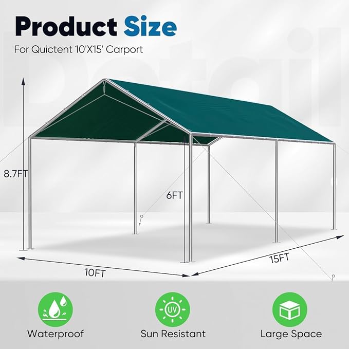 Quictent 10x15 ft Heavy Duty Car Canopy Galvanized Frame Carport Outdoor Party Tent Boat Shelter with 3 Reinforced Steel Cables - Green