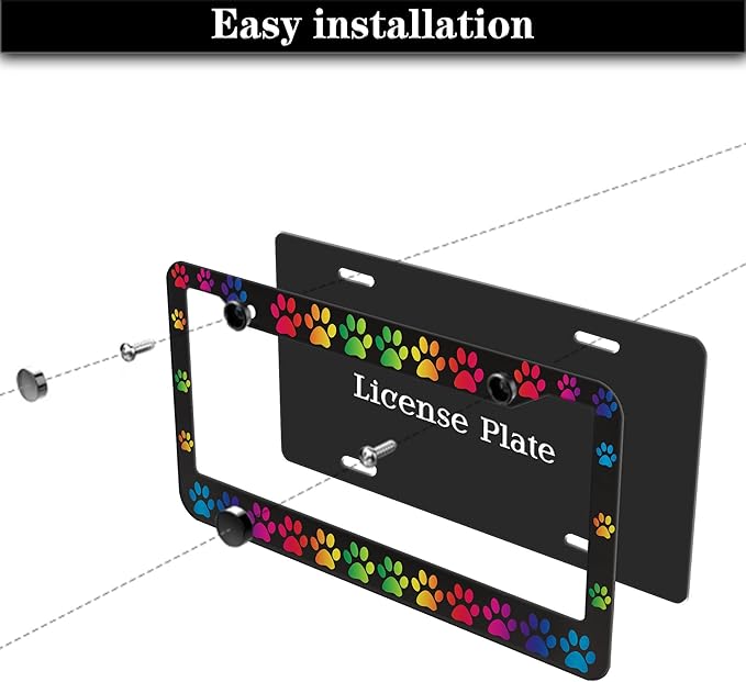 License Plate Holder Rainbow License Plate Frames Colors of The Rainbow Dog Paw Universal Aluminum Car Accessory 2 Pack with Screw Covers Set
