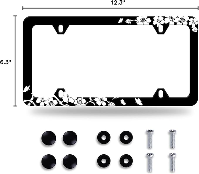 Black White Cherry Blossoms License Plate Frame Floral Flowers License Plate Stainless Steel Parts Colorful License Plate Decorative with Screws Size 12.3" x 6.3" Men Women