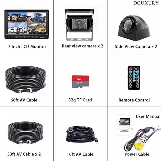 RV Backup Camera System with 7'' Quad Split 1080P Monitor for Truck Trailer Semi Camper Bus & 4 AHD Rear Side View Camera with DVR Record Function IP69 Waterproof Night Vision Avoid Blind Spot DOUXURY