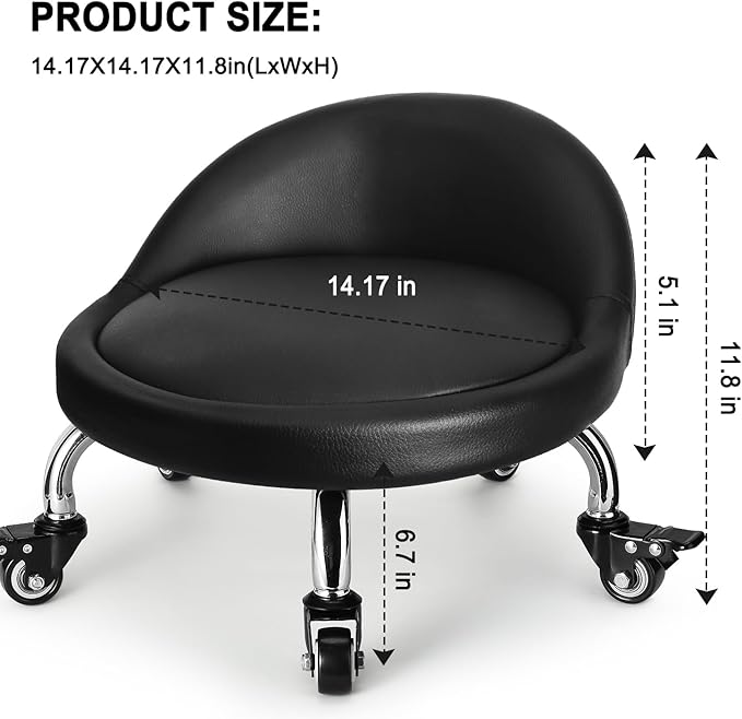 Rolling Stool with Backrest Low Height Rolling Stool with PU Leather, Roller Stool Chair, Roller Seats for Home, Office, Garage, Shop, Library