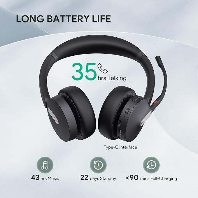 Yealink BH70 with Stand Wireless Bluetooth Headset with Microphone for Work, up to 35h Talking Battery Life, 3 Noise Cancellation Mics, Teams Certified, ≤90min Fast Charging, NO Power Adapter Needed