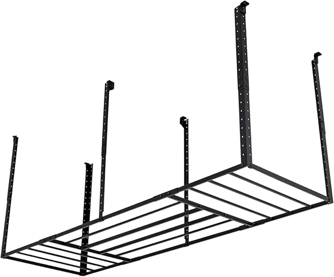 StoreYourBoard Heavy-Duty Ceiling Mounted Garage Shelving, Steel Overhead Ceiling Shelf, 3x8 Garage Organization Rack with Hooks, Holds 700 lbs