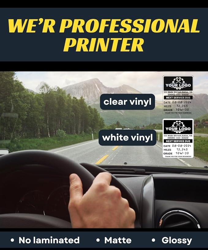 Oil Change Stickers for Windshield Personalized with Your Logo- Custom Oil Change Labels 2''-2.8'', Clear and White Next Service Due Labels for Car Auto Vehicle Window,50-10k Stickers (Small)