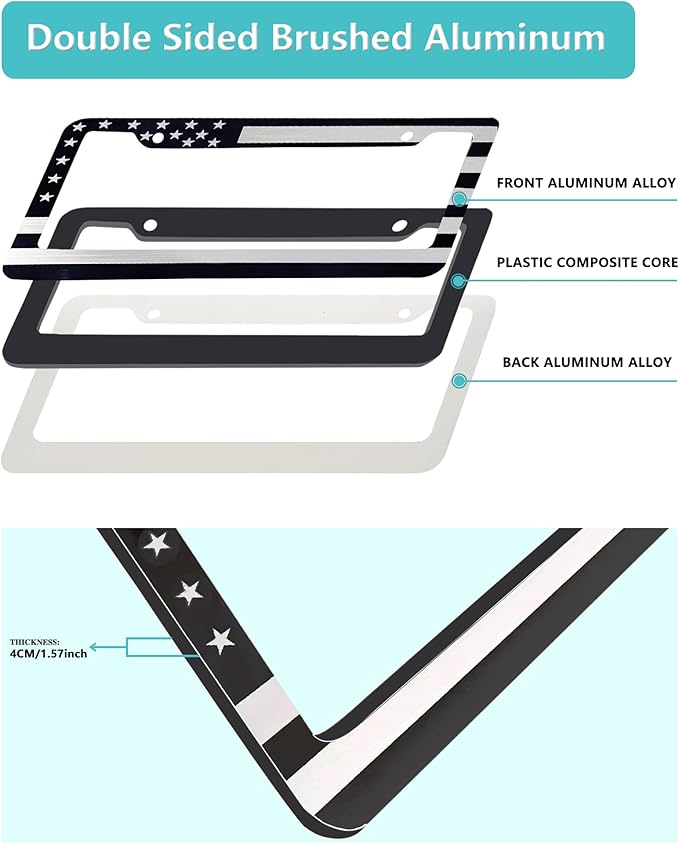 American Flag License Plate Frame- Black Front Rear Patriotic USA ‌Car Tag Frames, 2 Pack 2 Hole Heavy Duty Brushed Aluminum Plastic Composite Holder with Screws Caps