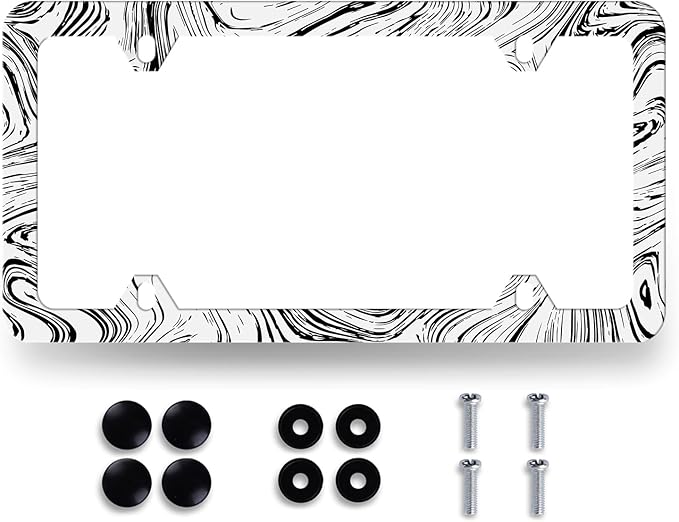 Abstract Marble Print License Plate Frame Wood Texture Marble License Plate Stainless Steel Colorful Car Accessory Funny License Plate Decoration Men Women Size 12.2"x6.2" with Screws