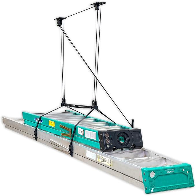 StoreYourBoard Ladder Storage Ceiling Pulley System, Garage Mount Hoist, Heavy Duty Hanging Organizer Holds 150 lbs