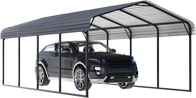 EBE 12 x 20 FT Metal Carport, Heavy Duty Carports with Galvanized Steel Roof, Outdoor Multi-Use Carport Canopy, Garage Car Shelter Shade for Car, SUV, Truck, and Boats