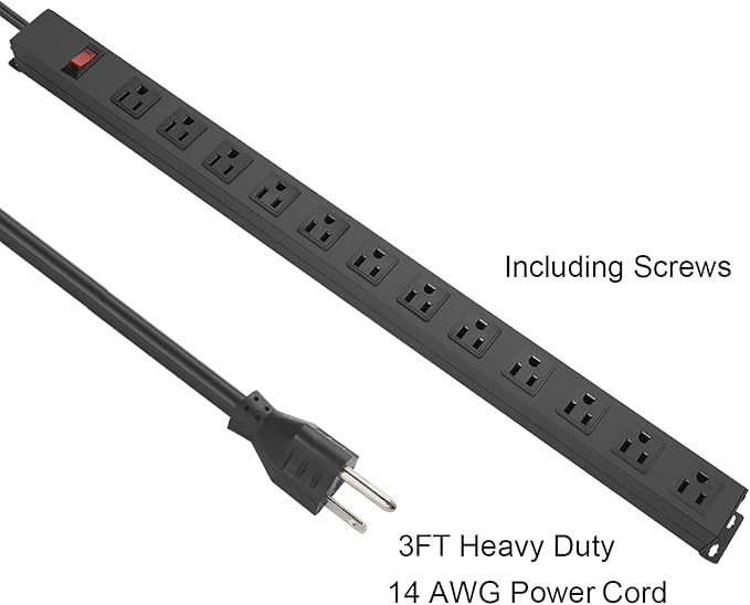 Metal Wall Mount Power Strip, Mountable Power Outlet with 12 AC Outlets, Aluminum Alloy Mount Power Socket with Switch, 3 FT SJT 3/C 14AWG Power Cord, 15A 125V 1875W (12AC)