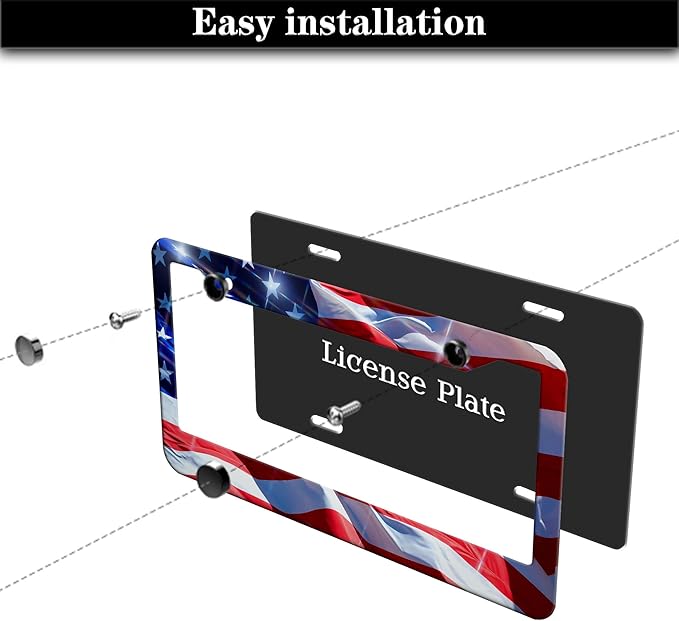 License Plate Frames for Men Multicolor Car Plate Frame for Women American Flag Aluminum Metal Car Accessory 2 Pack with Screw Covers Set