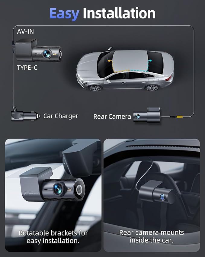 4K Dash Cam Front and Rear, 64GB SD Card, 1.5” IPS Display Car Camera, 5Ghz WiFi+App Control, Night Vision, 24H Parking Mode, G-Sensor, WDR, 170° Wide Angle, 4K+1080P Dual Dash Camera for Cars
