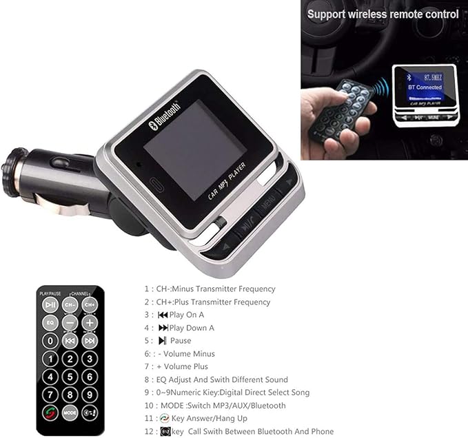 Bluetooth FM Transmitter for Car, Wireless Car Radio Adapter, Handsfree Auto Kit with Remote Control, MP3 Music Player Support USB Charger Siri Google Assistant U Disk/TF Card/Aux