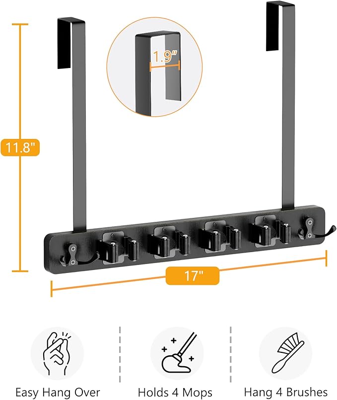 Lorbro Broom Holder Door Mount, Over the Door Broom and Mop Holder with 2 Over Door Hooks, Wood Broom Hanger, Tool Rack Organizer for Laundry, Garage, Closet, Kitchen Decor, 4 Slots & 4 Hooks Rustic