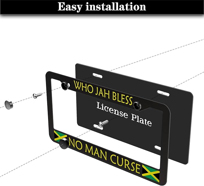 License Plate Holder Black, Yellow, Green License Plate Frames Who Jah Bless No Man Curse Aluminum Metal Car Accessory 2 Pack with Screw Covers Set