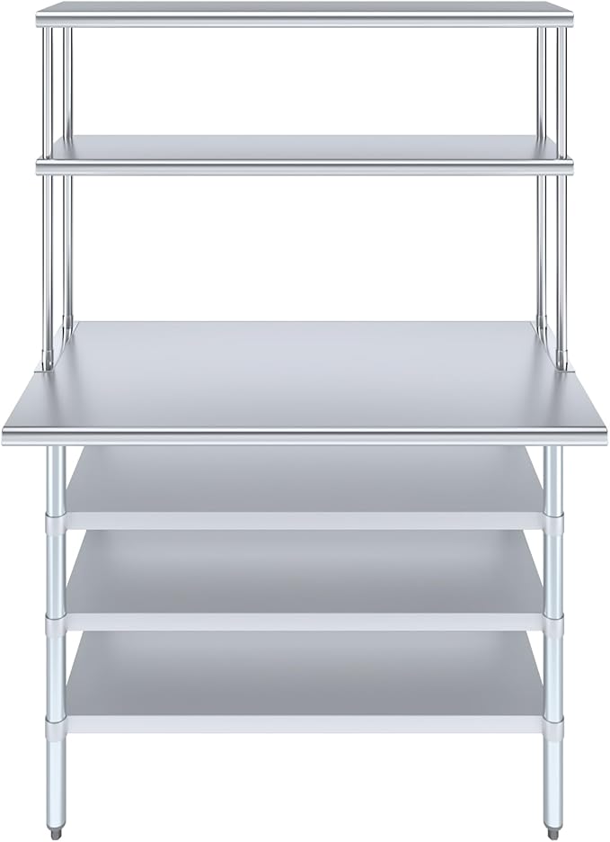Amgood (24" x 48" Stainless Steel Work Table with 3 Shelves and 12" Wide Double Tier Overshelf | Metal Kitchen Prep Table & Shelving Combo | NSF