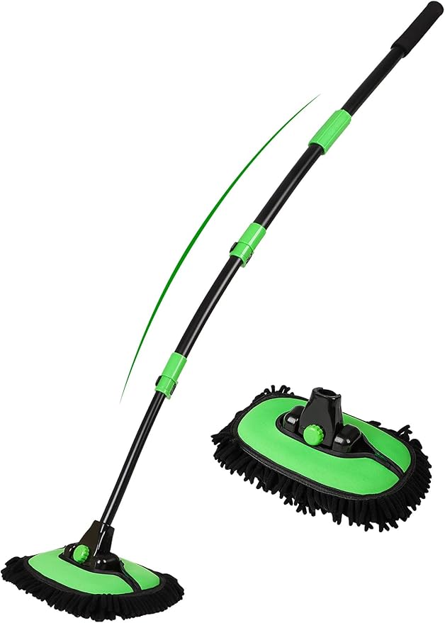 53" 15° Curved Car Wash Brush with Long Handle High Density Chenille Soft Bristle Brush Head Suitable for Cleaning Detail Roof Wheel Windshields Truck SUV RV Window