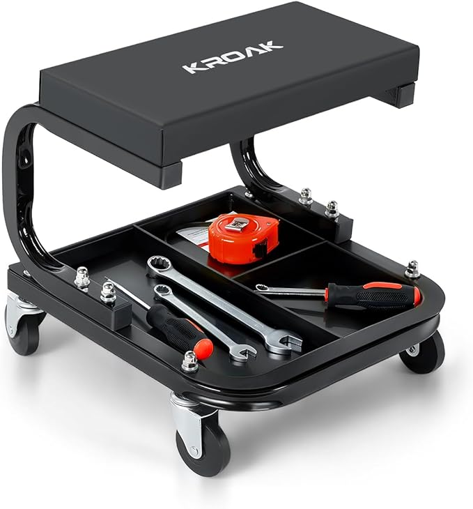 Rolling Creeper Garage/Shop Seat, 260LBS Capacity Padded Workshop Stool with Tool Tray Storage Mechanic Roller Seat for Shop, Garage, Auto Repair