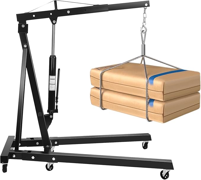 6.89Ft Folding Engine Lift 2 Ton Folding Cherry Picker Shop Crane Hoist Lift Engine Hoist with 6 Wheels Engine Crane Folding Engine Hoist for Car Fixing Workshops Garages (Black)