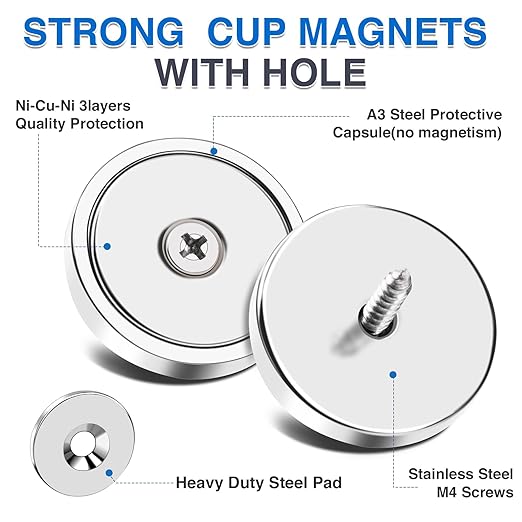 MIKEDE Strong Magnets with Hole, 100lb Heavy Duty Neodymium Magnet with Stainless Screws for Wall Mounting, Rare Earth Magnet Round Base Cup Magnets for Tool Room,Workplace, 1.26"D x 0.24"H, 12 Pack
